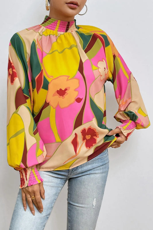 Floral Smocked Lantern Sleeve Mock Neck Blouse Multicolor - Fashorio
