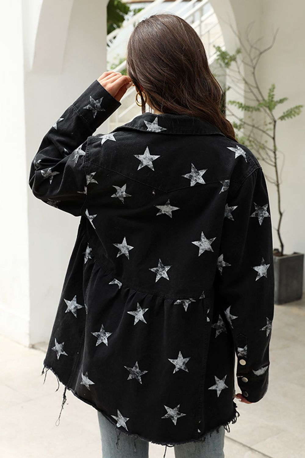 Collared Neck Star Print Long Sleeve Denim Jacket - Fashorio