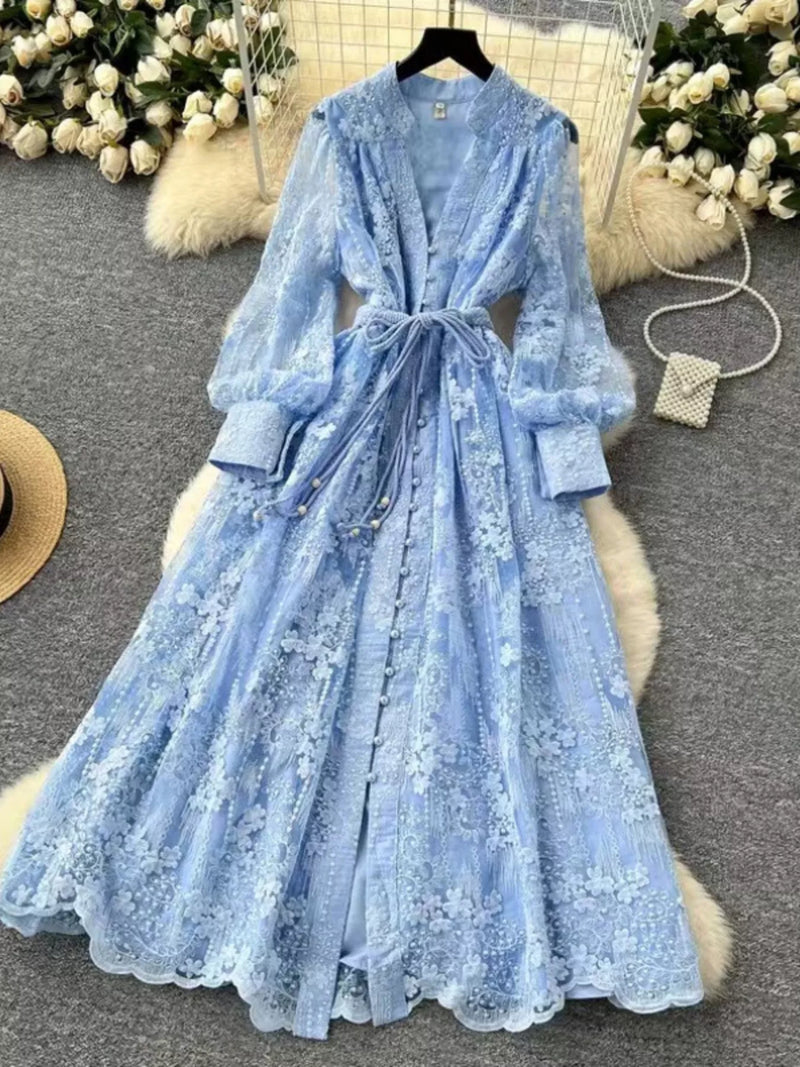 Lace tie waist long sleeve midi dress front view