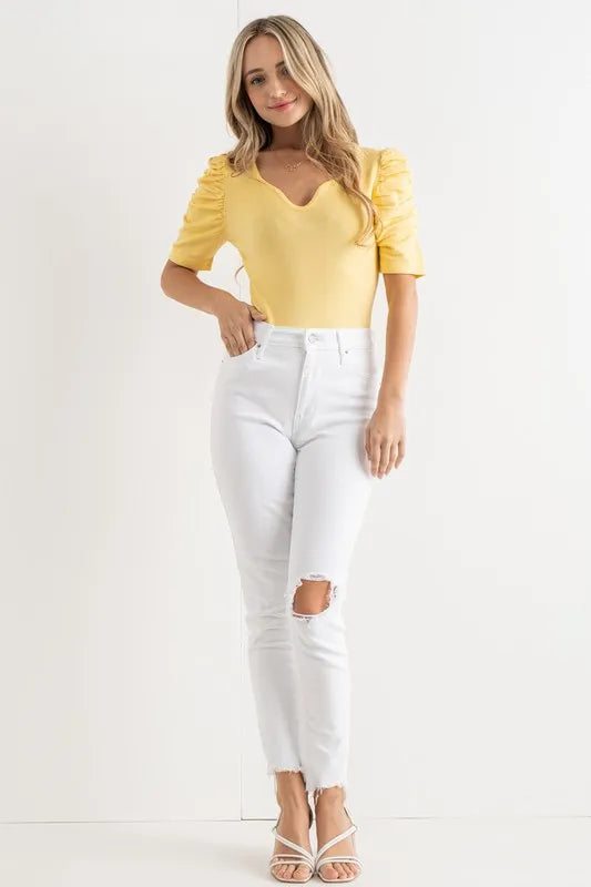 And The Why Shirring Puff Sleeve Bodysuit - Fashorio