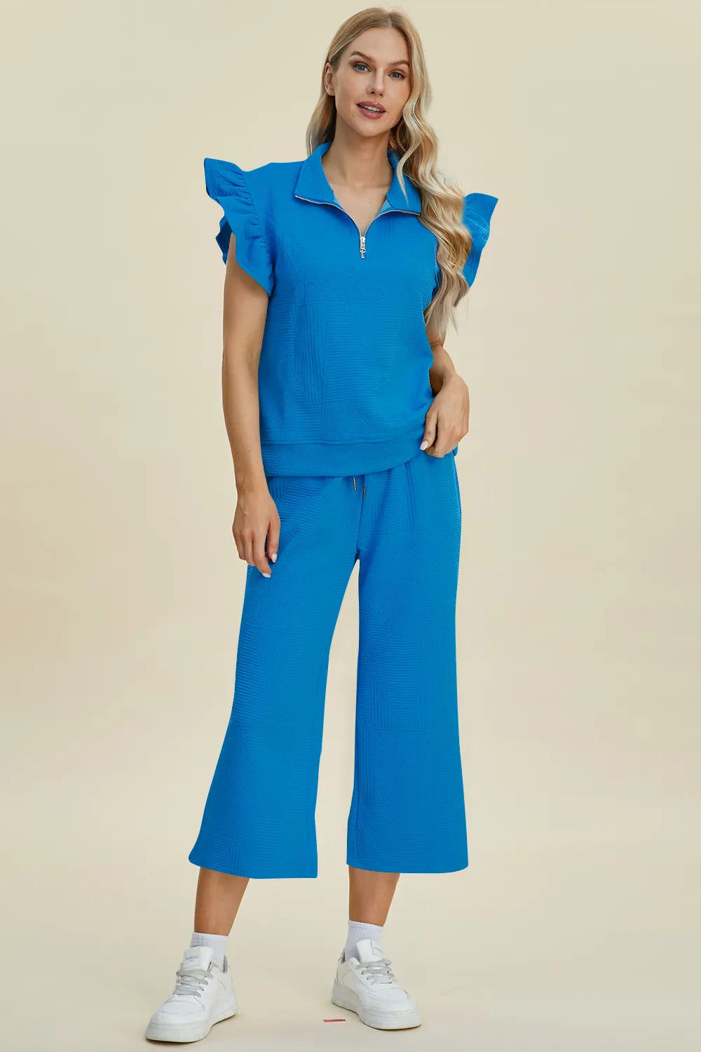 Double Take Full Size Texture Ruffle Short Sleeve Top and Wide Leg Pants Set - Fashorio