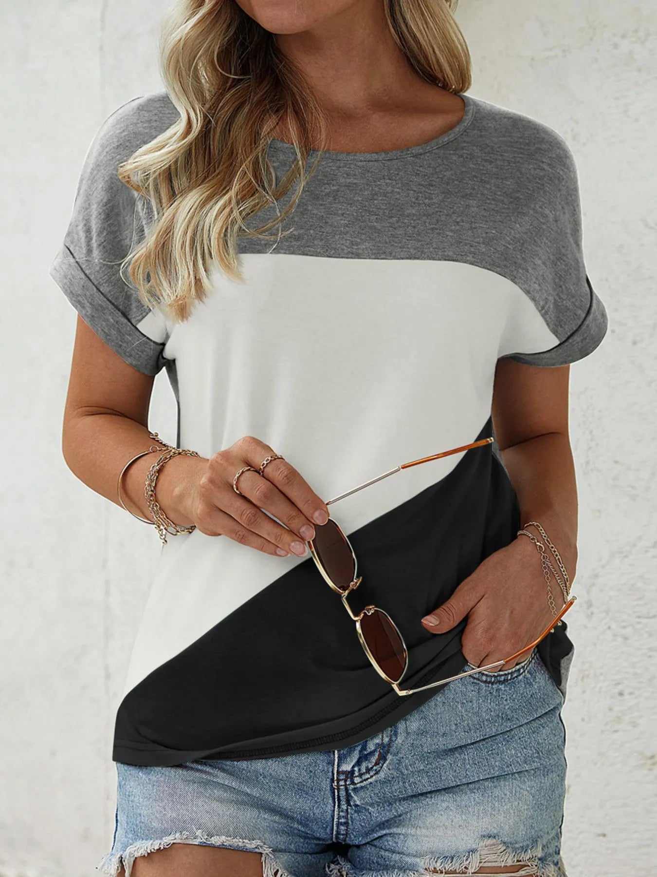 Color Block Casual T-Shirt Gray - Fashorio