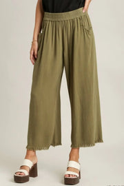 Umgee Full Size Linen Blend Elastic Waistband Wide Leg Pants Plus Size Yellow-Green - Fashorio