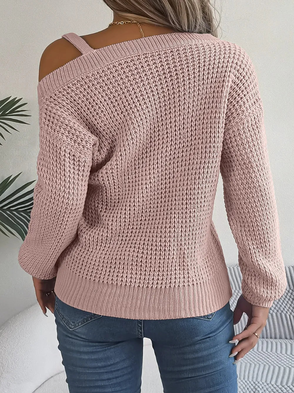 Asymmetrical Neck Long Sleeve Sweater - Fashorio