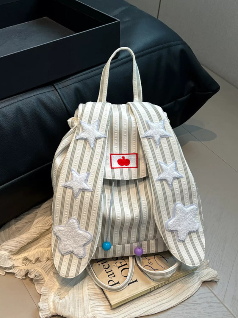 Khaki striped star bunny ear mini backpack front view