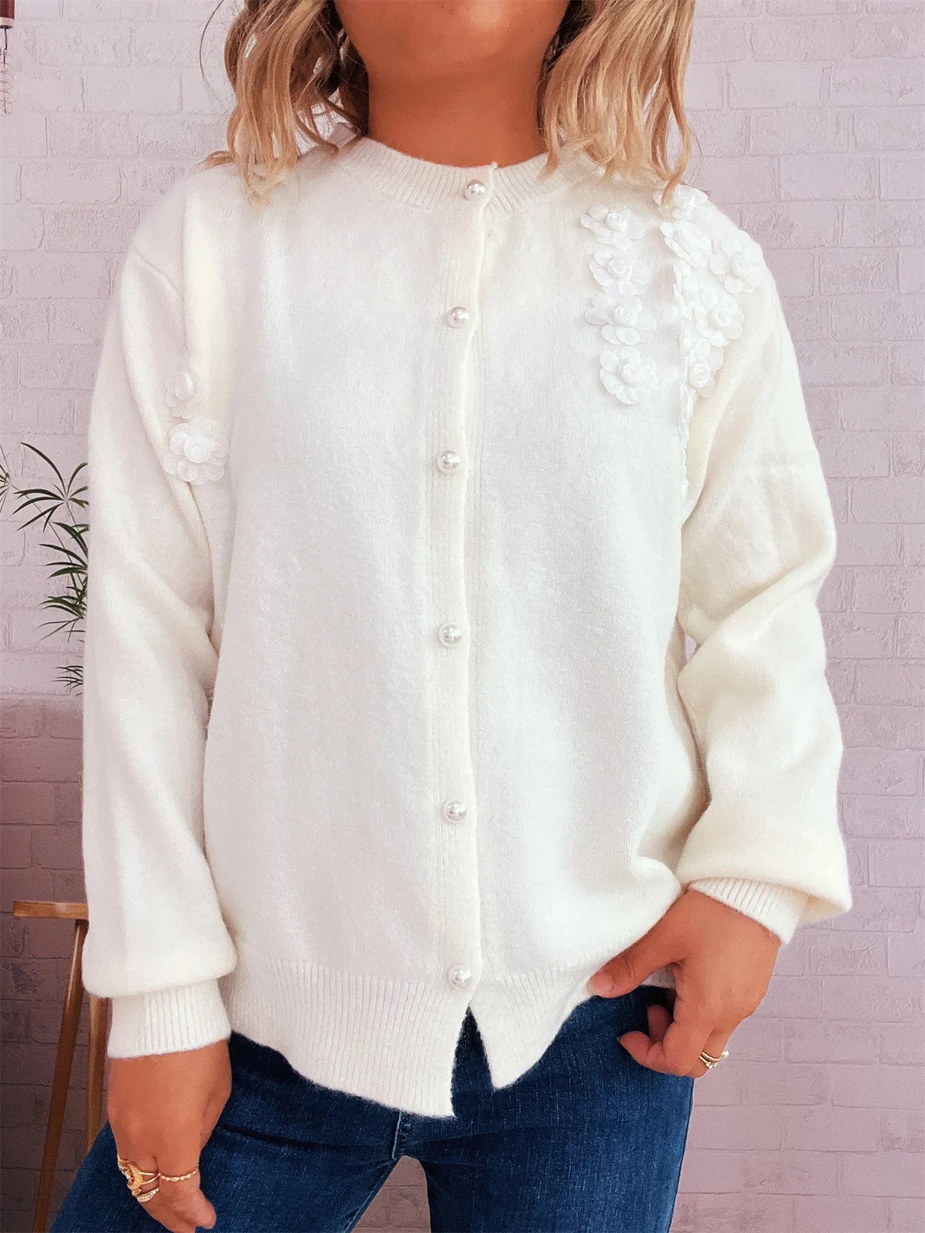 Flower Button Up Long Sleeve Cardigan - Fashorio