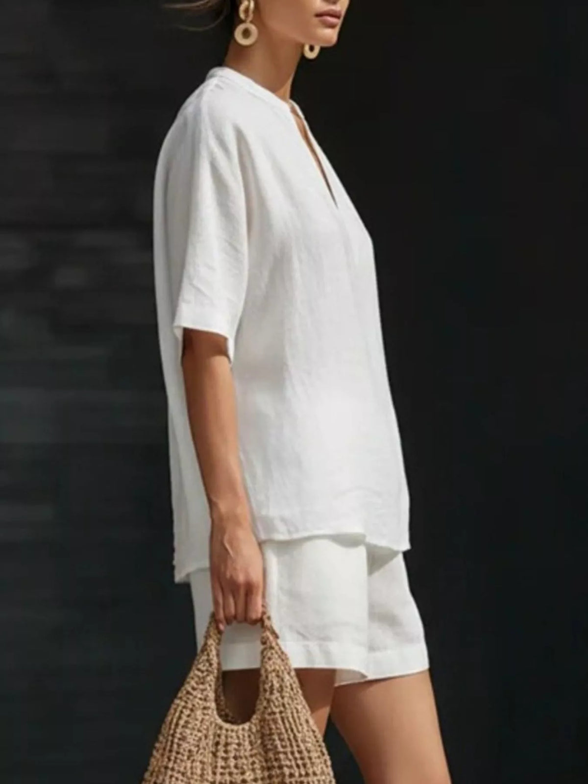 Notched half sleeve top and shorts set side view