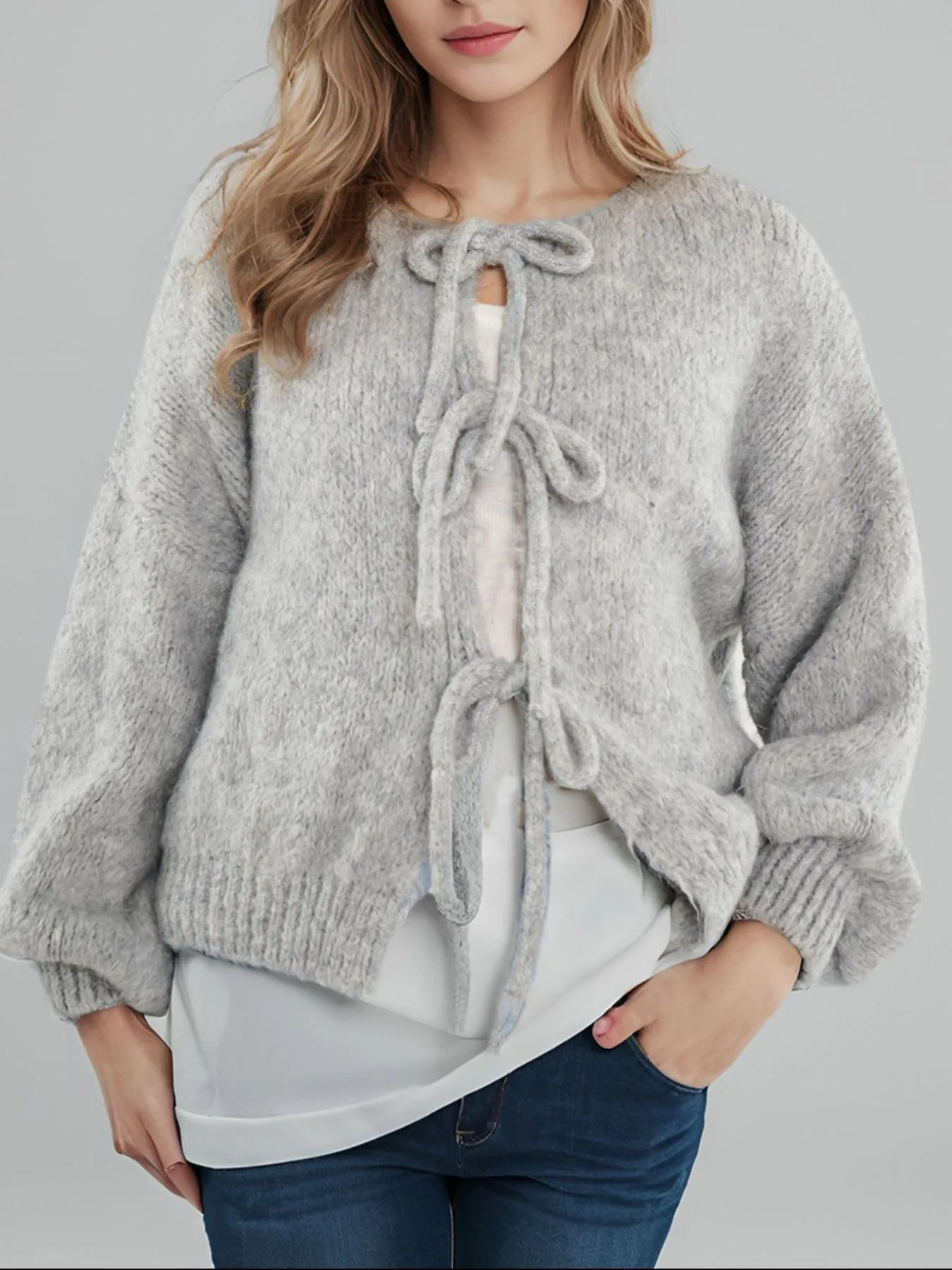 Cozy Bow-Tie Front Knit Cardigan Gray - Fashorio