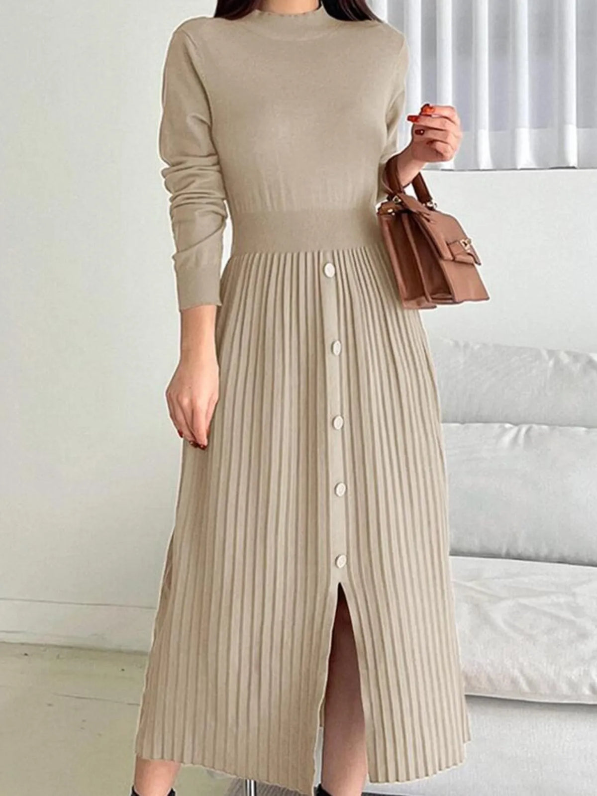 Mock neck slit front knit dress three quarter view