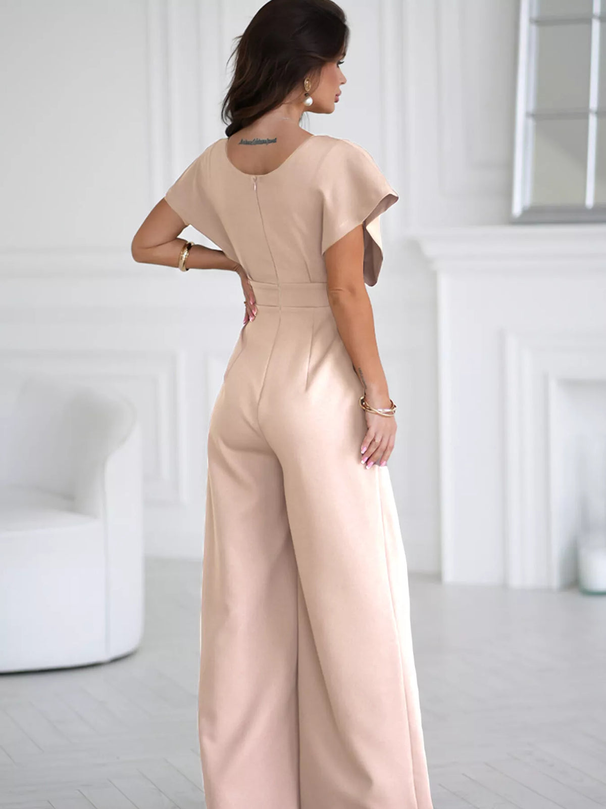 Surplice wide leg jumpsuit front view