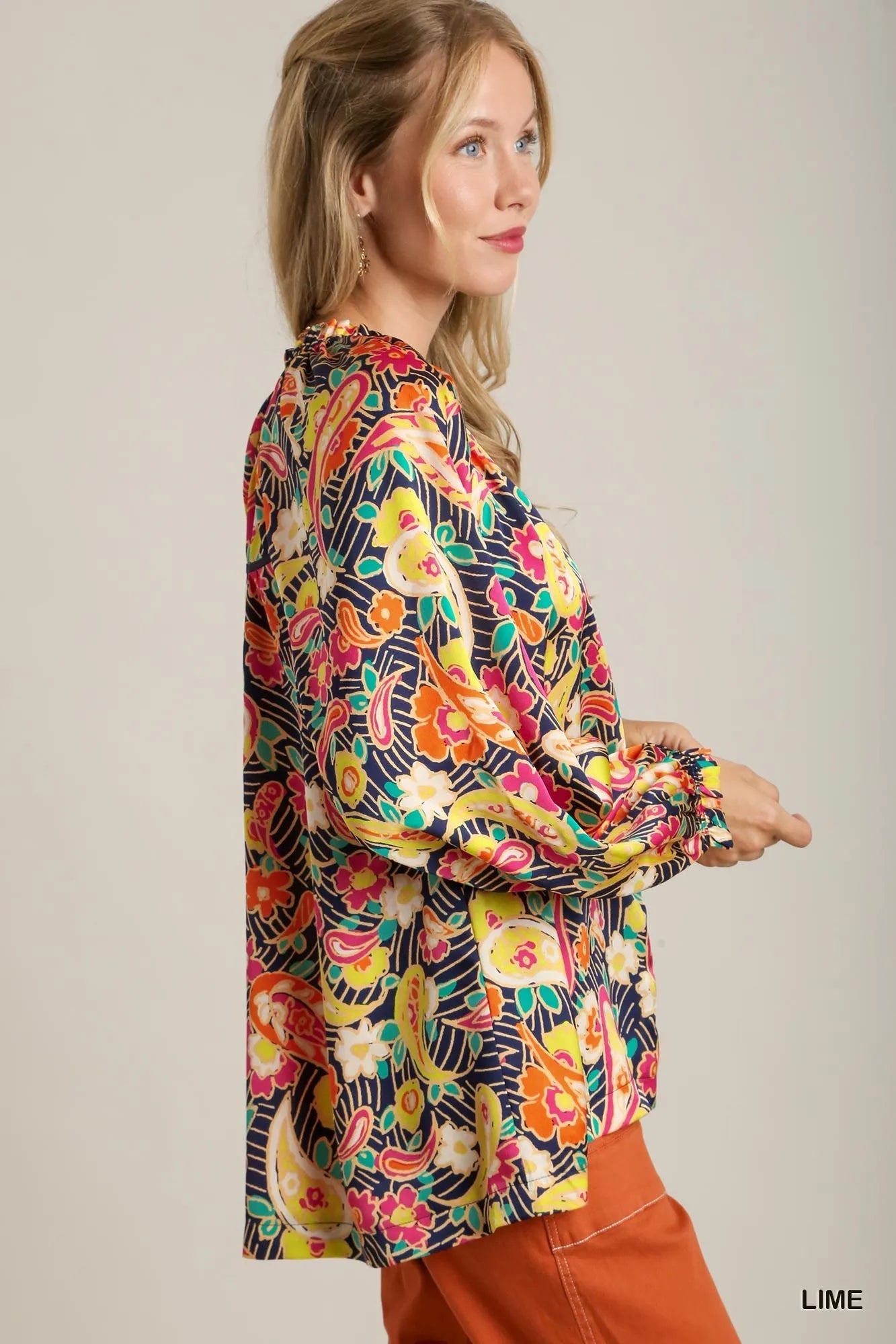 Umgee Full Size Satin Paisley Ruffle Neck Button-Up Shirt Plus Size - Fashorio