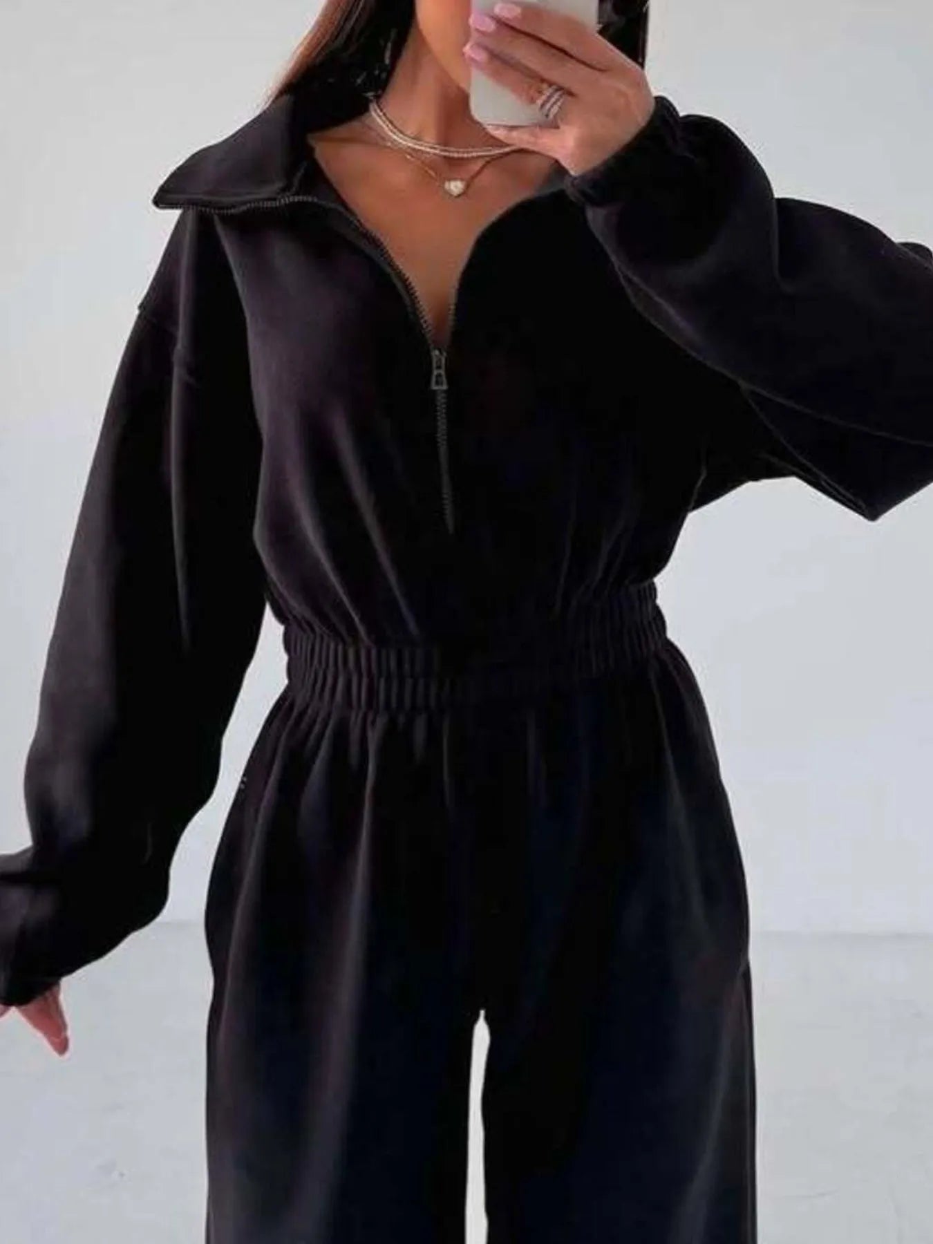 Zip Front Long Sleeve Jumpsuit - Fashorio