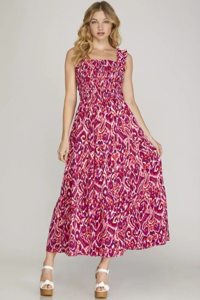 Smocked Printed Wide Strap Tiered Dress