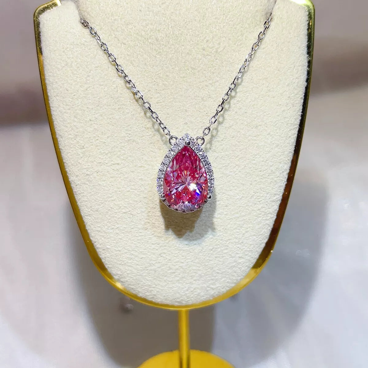 Pink moissanite pendant necklace with matching gift box