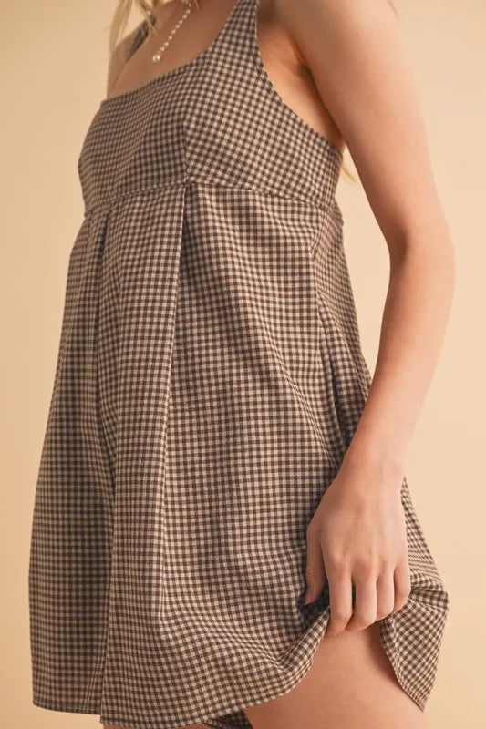Square neck plaid romper detail view
