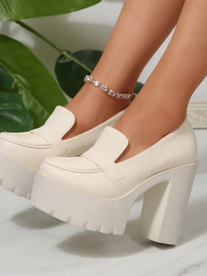 Round Toe Platform Block Heels Pumps - Fashorio