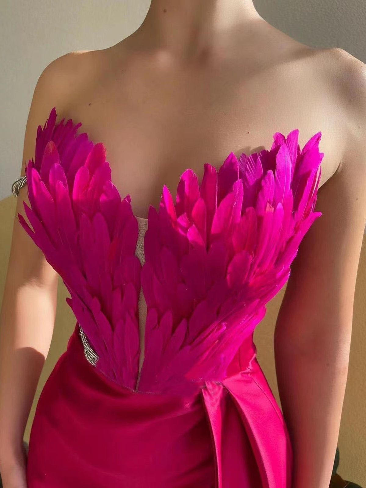 feather trim slit maxi dress hemline detail