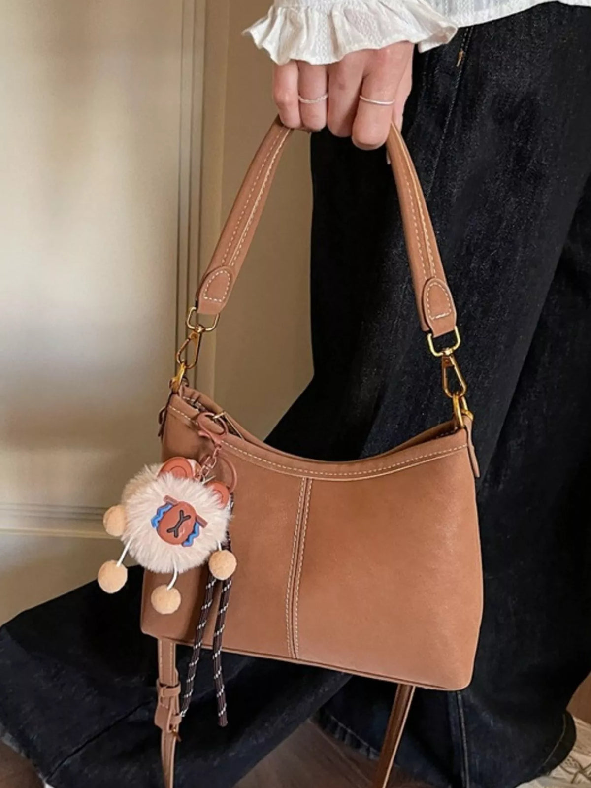 Interior view of caramel shoulder bag
