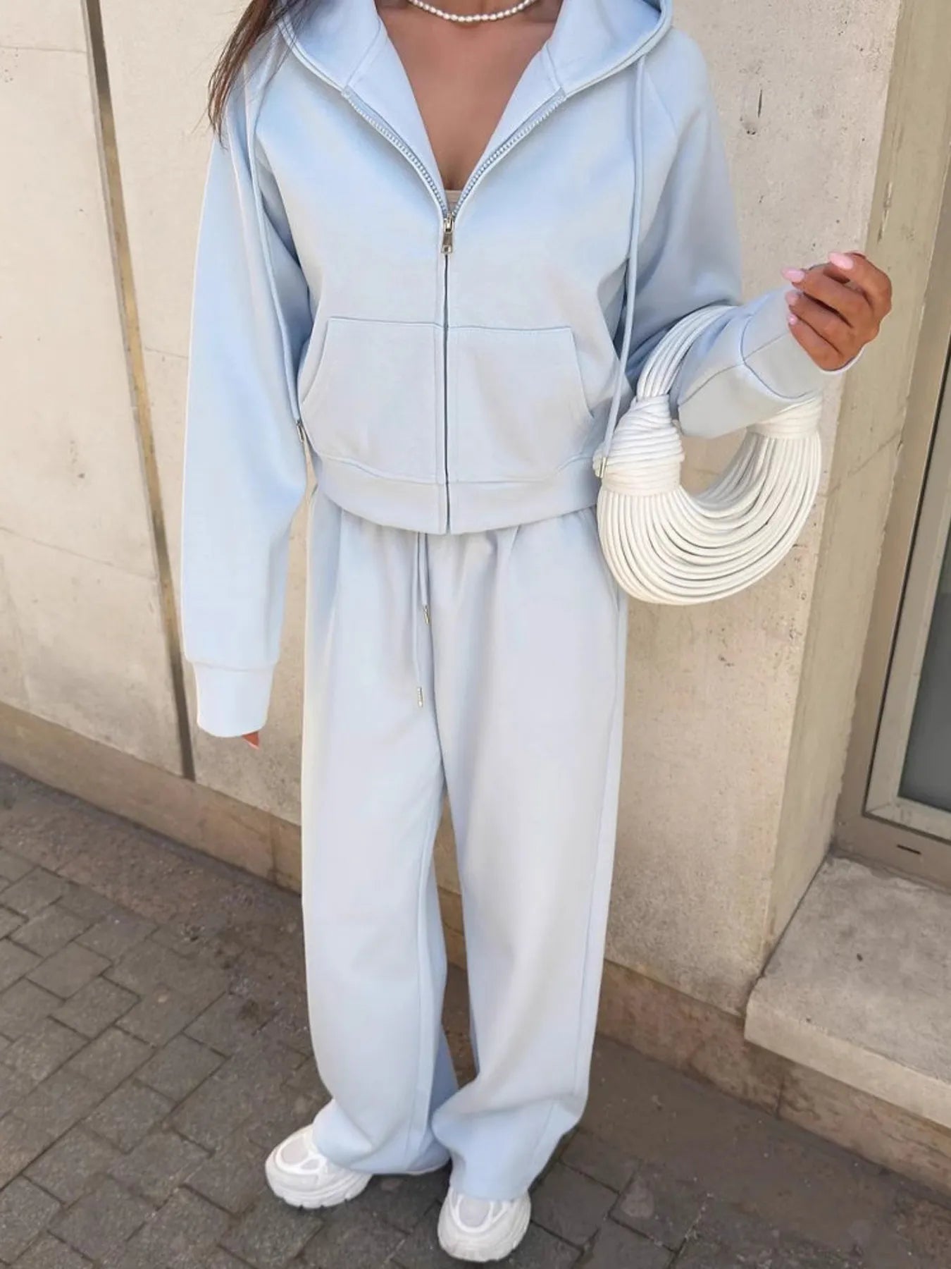 Zip Up Drawstring Hoodie and Pants Set - Fashorio