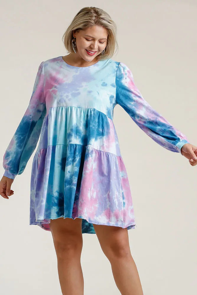 Tie Dye Long Sleeve Babydoll Tiered Dress Plus Size in Teal side view