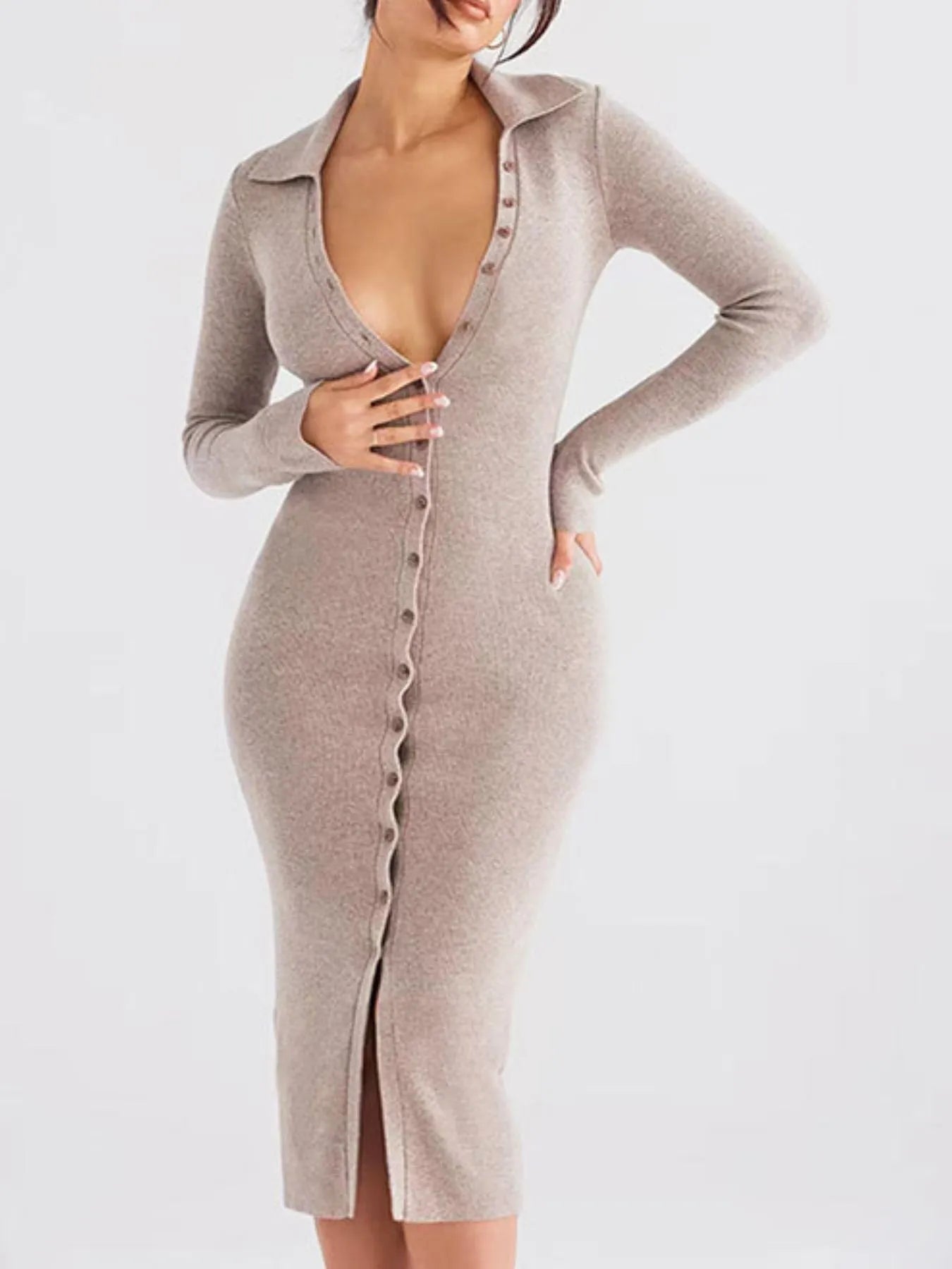 Button Front Long Sleeve Sweater Dress - Fashorio