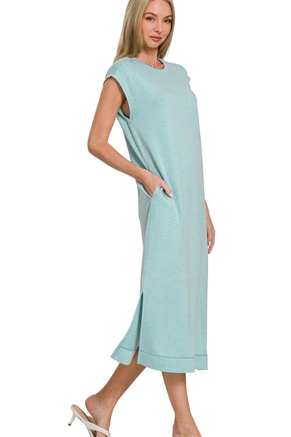 French Terry Sleeveless Round Neck Midi Dress back view