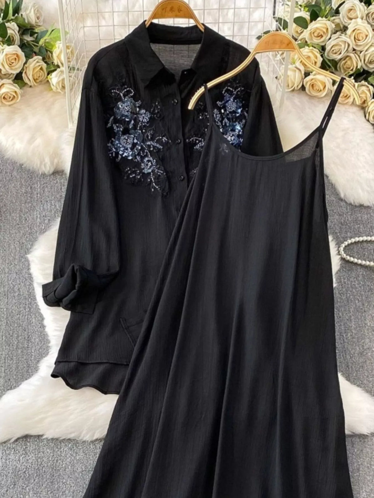 Sequin Flower Button Up Shirt and Cami Dress Set, view 18
