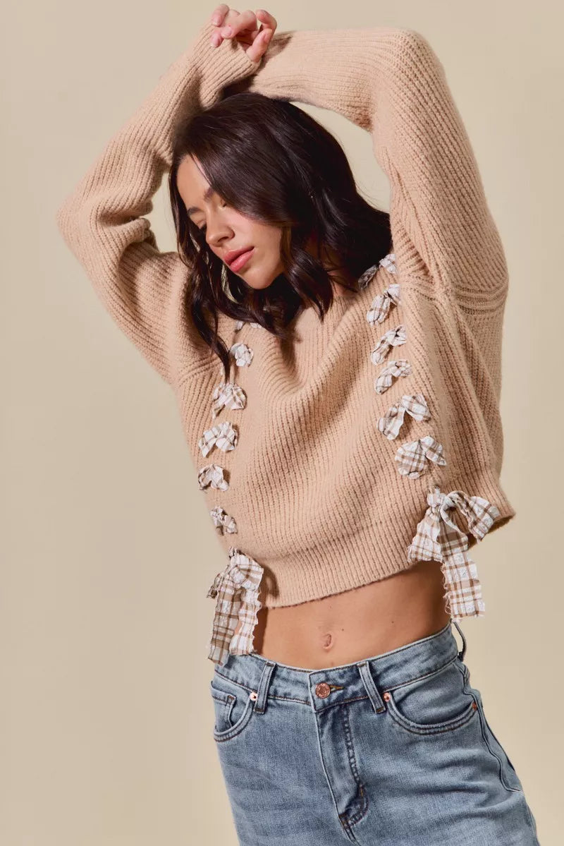 Checkered Plaid Lace Up Ribbed Sweater in Taupe view 10