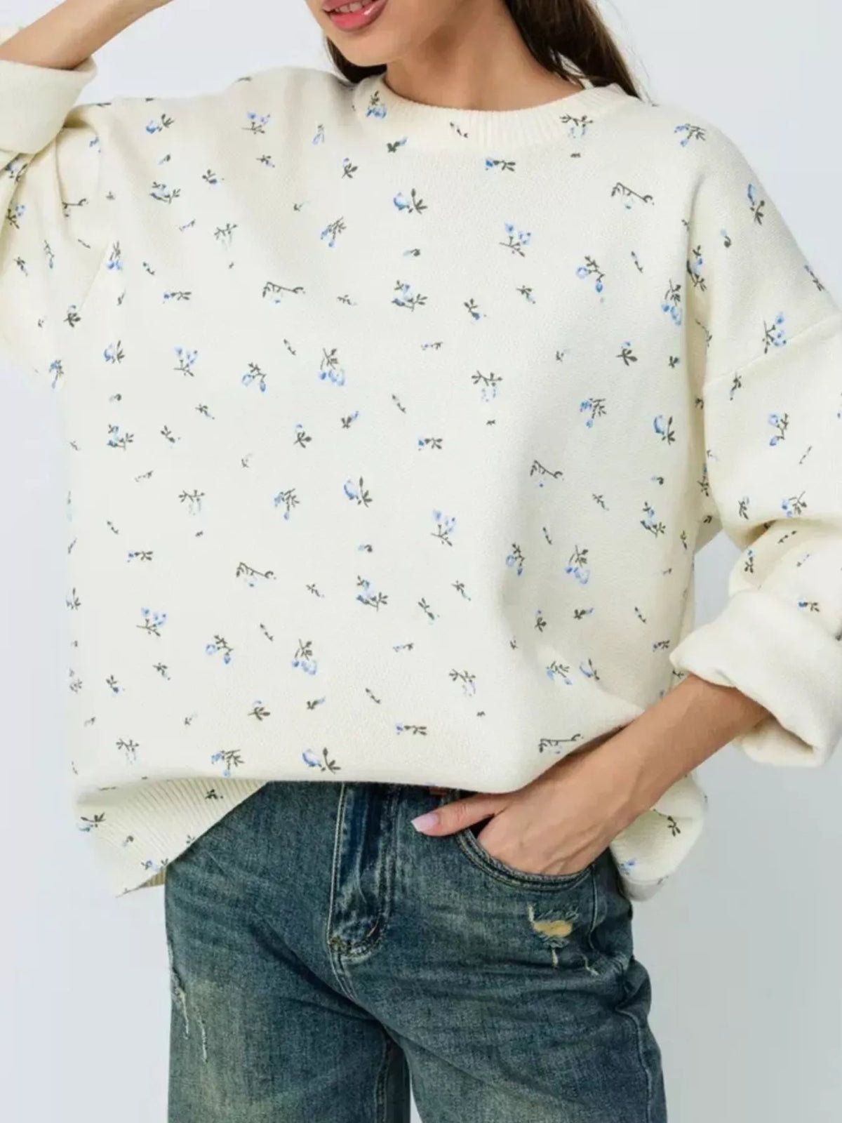 ribbed hem floral long sleeve sweater front view