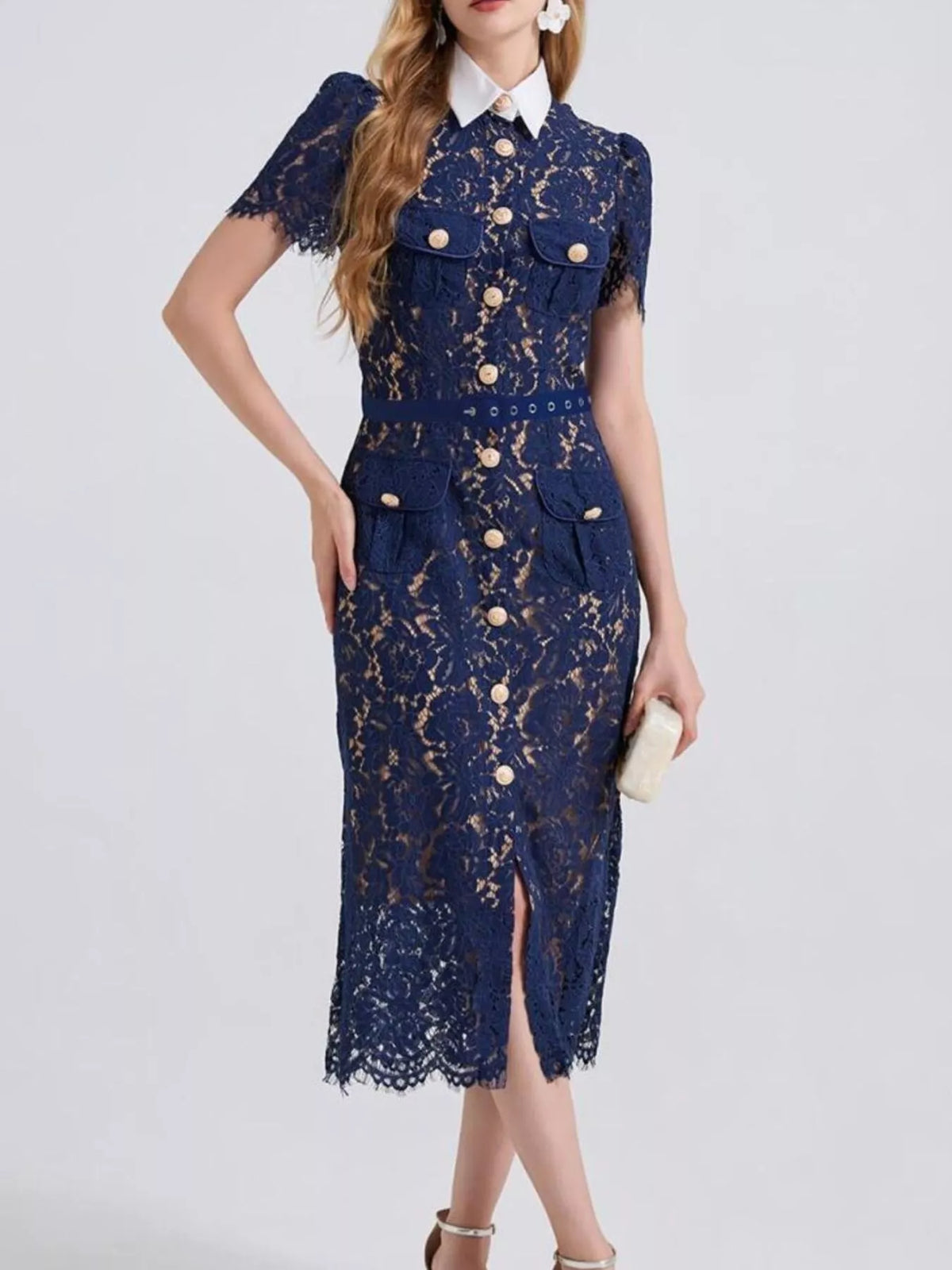 lace button down midi dress front view