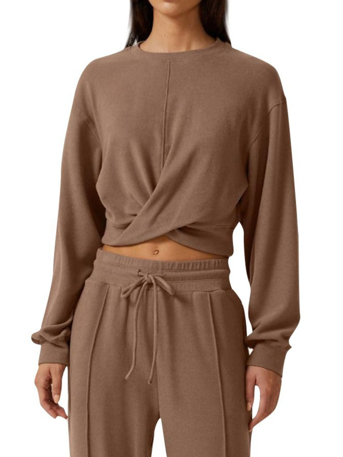 Coordinated twist front top and pants set styled outfit