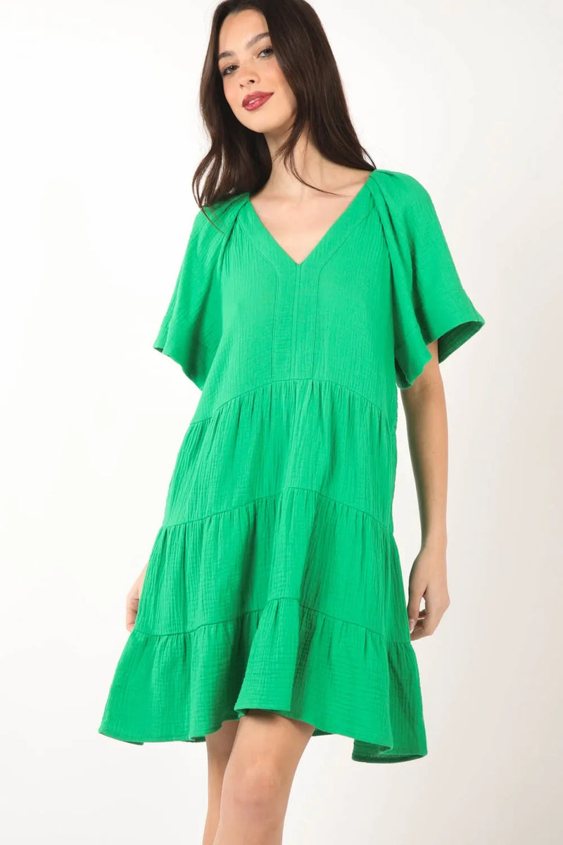 Texture V Neck Ruffled Tiered Dress