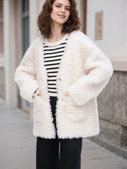 Fleece Button Up Long Sleeve Outerwear Off-white - Fashorio