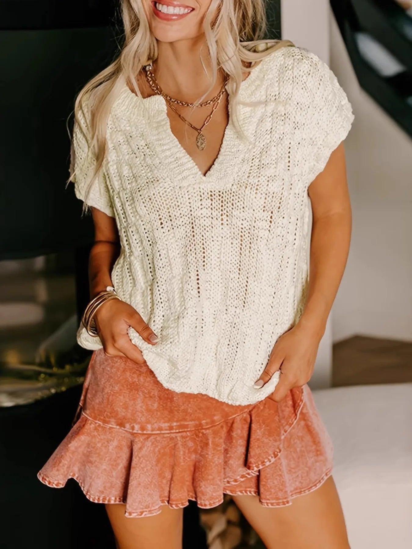 Notched Short Sleeve Sweater Apricot - Fashorio