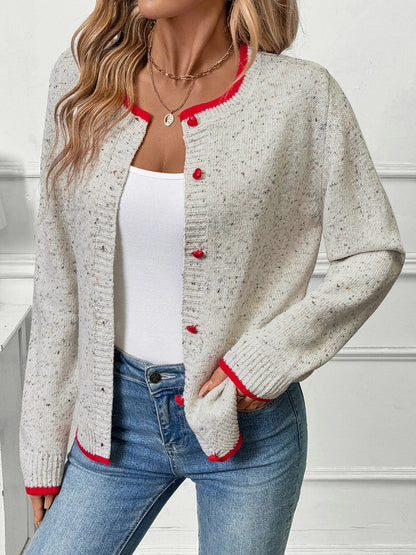 Contrast Trim Button Up Long Sleeve Cardigan - Fashorio