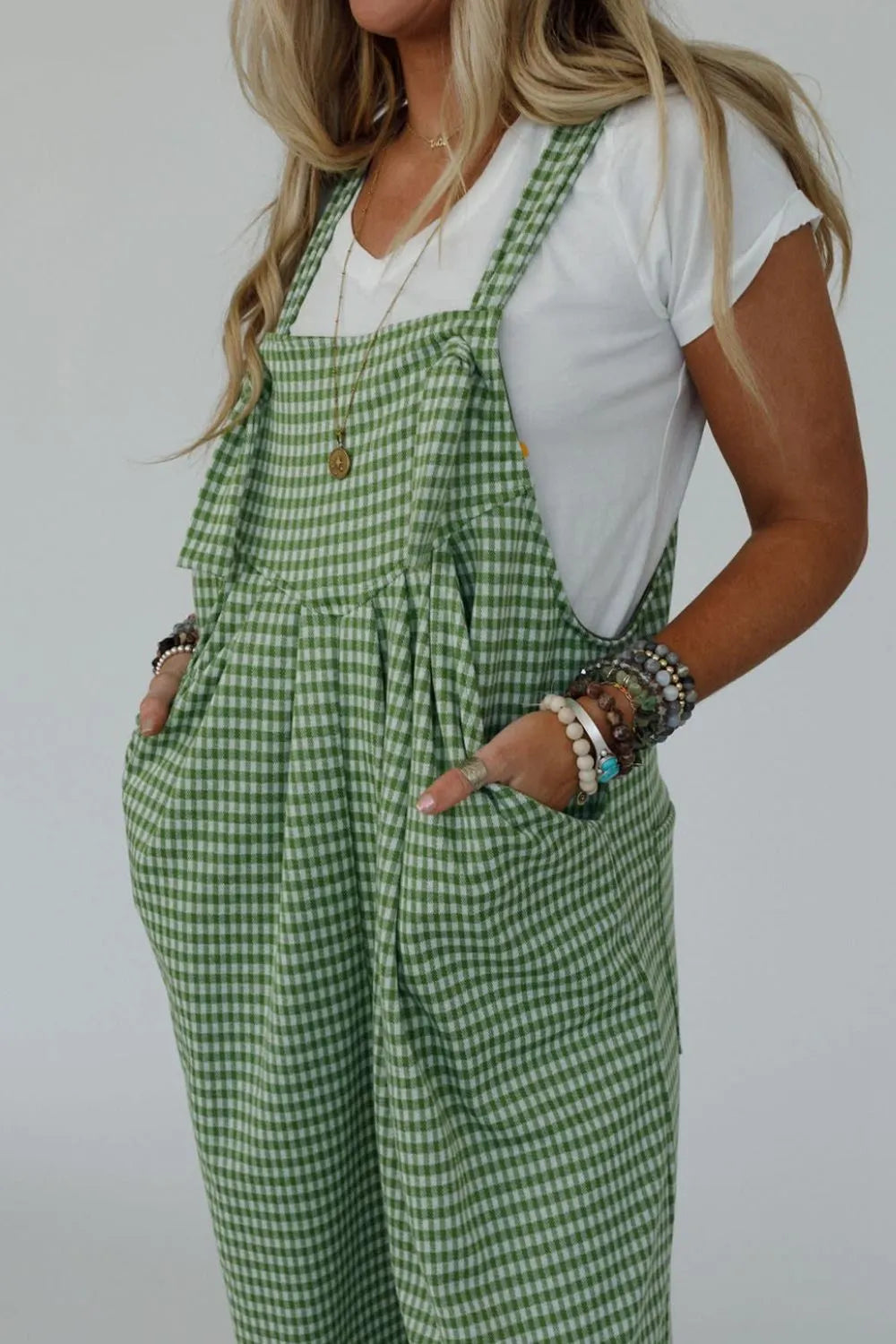 Casual Gingham Wide Leg Overalls detail