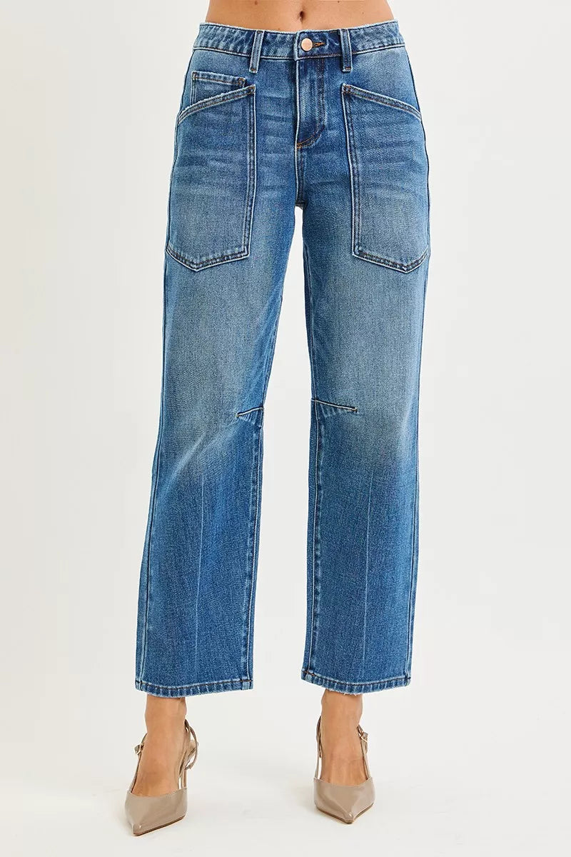 RISEN dark wash barrel jeans front view