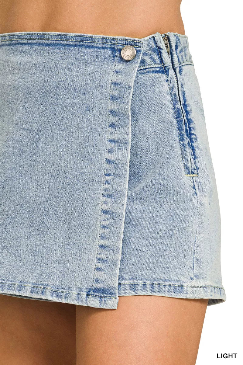 Zenana light wash wrap front denim skort, styled outfit