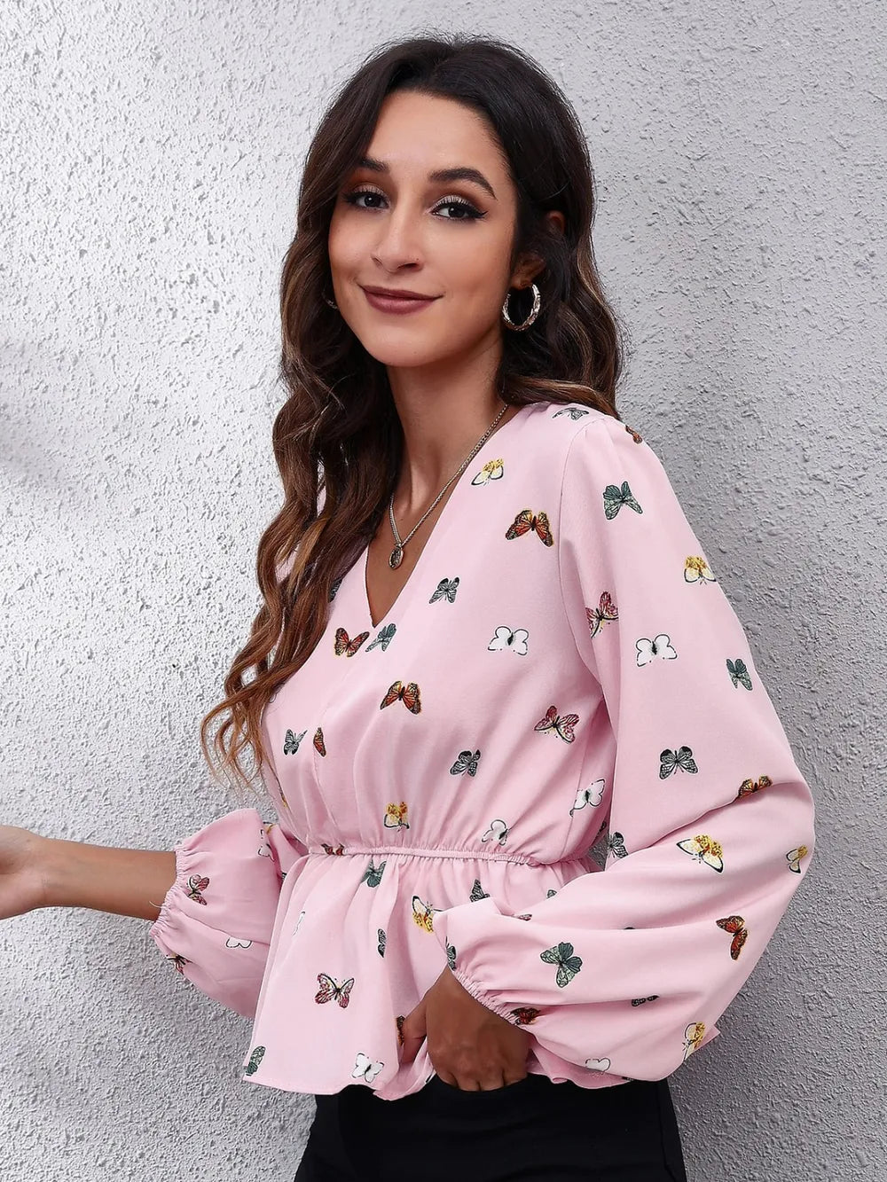 Butterfly V-Neck Balloon Sleeve Peplum Blouse - Fashorio