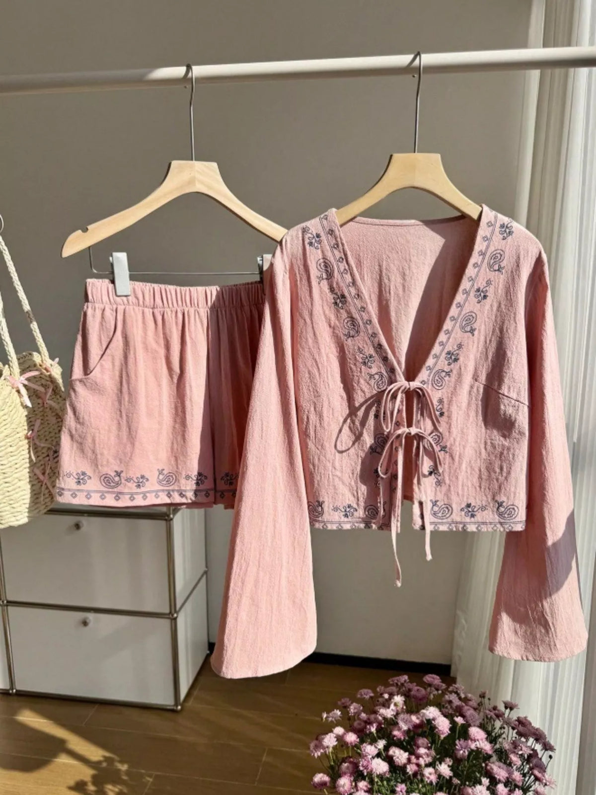 Embroidered Tie Front Top and Shorts Set, view 21