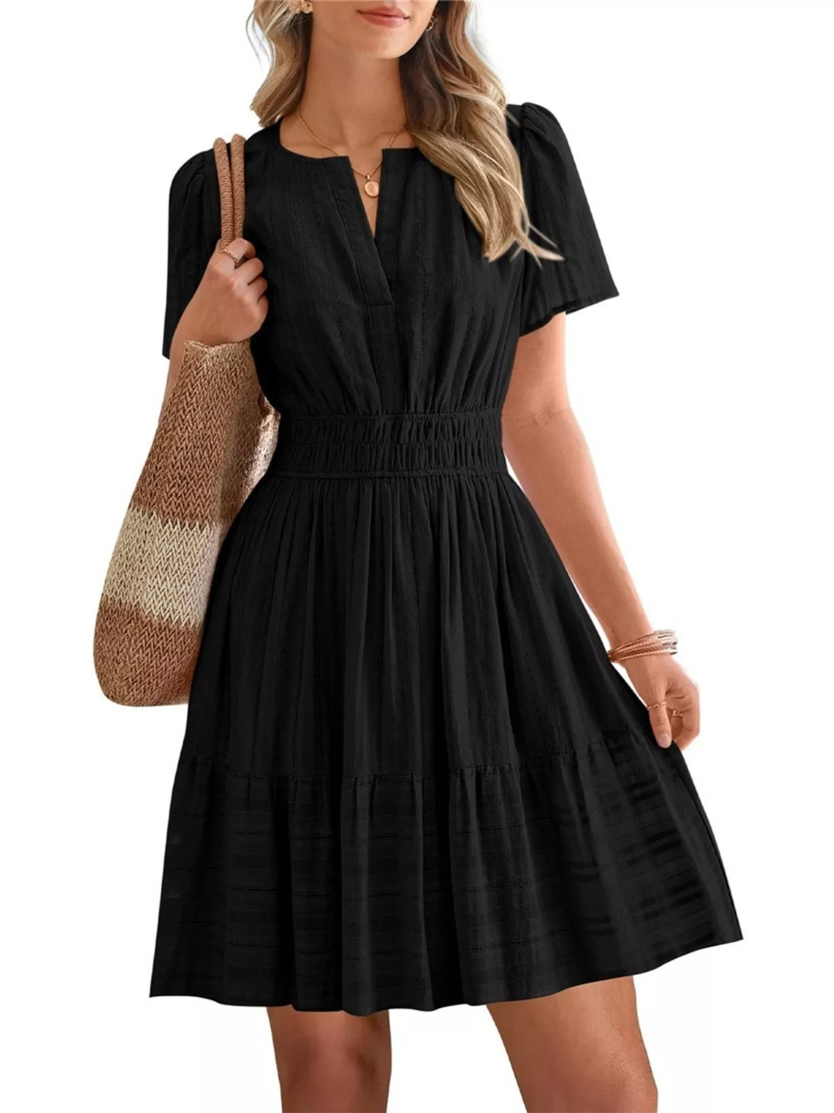 Short sleeve smocked waist tiered midi dress side view