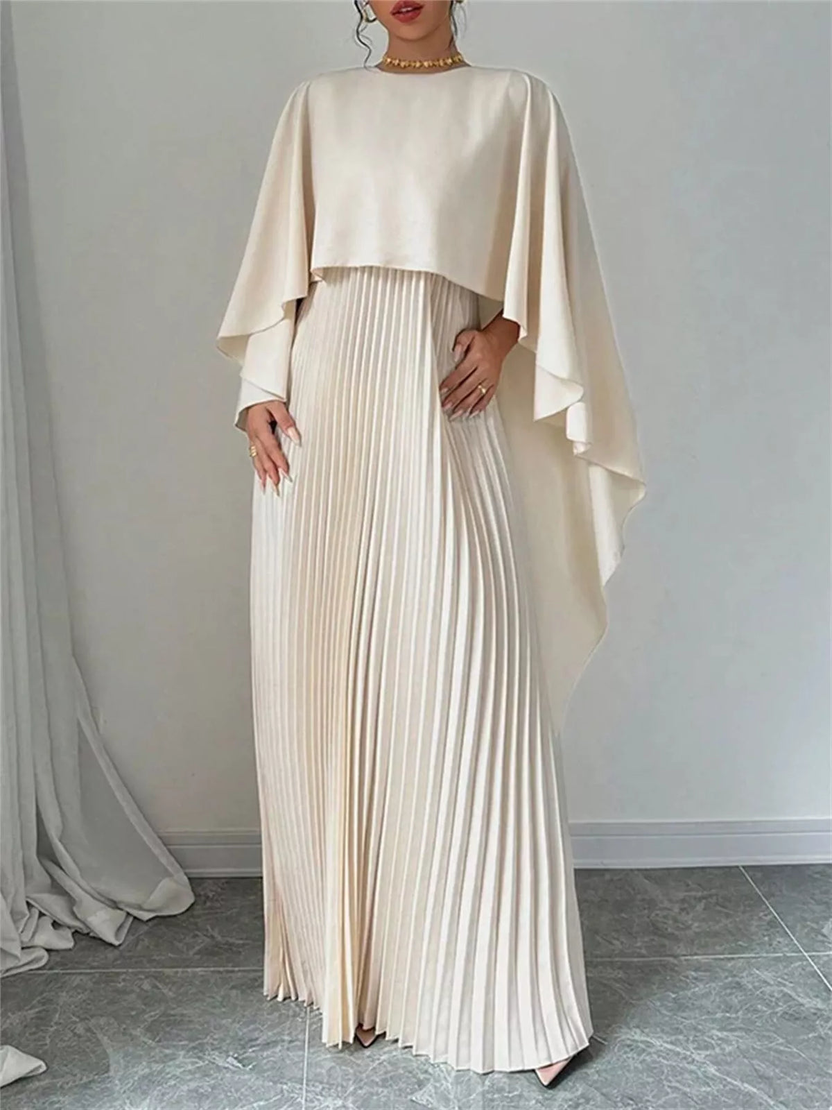 cape sleeve pleated maxi dress back view
