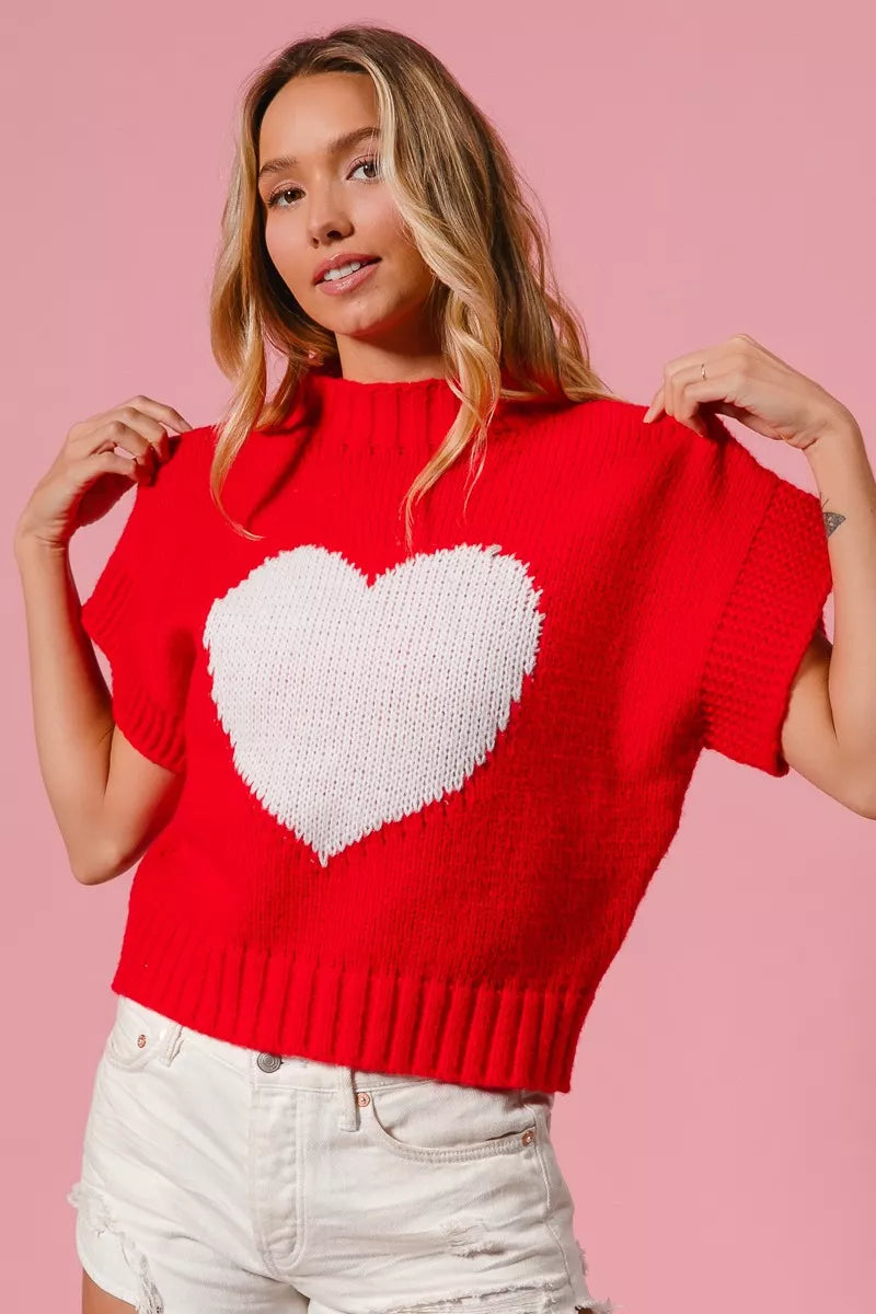 Heart Pattern Rib Banded Sweater in Red and Ivory side view