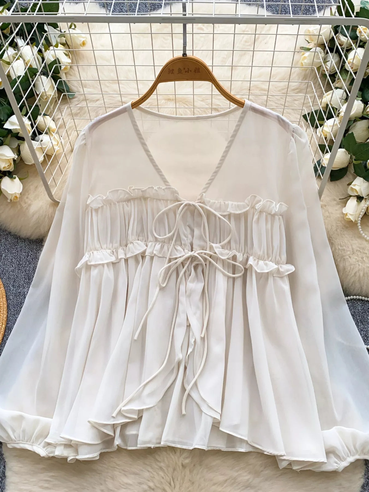 Ruffle tie front chiffon blouse, front view