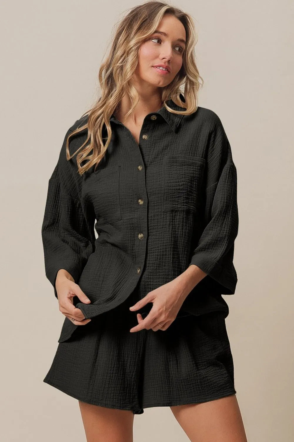 BiBi Crinkle Gauze Shirt and Short Set BLACK - Fashorio
