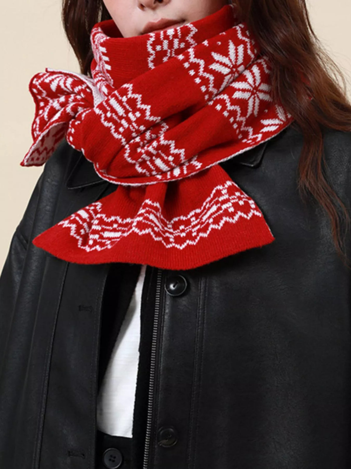 Christmas snowflake knit scarf worn look