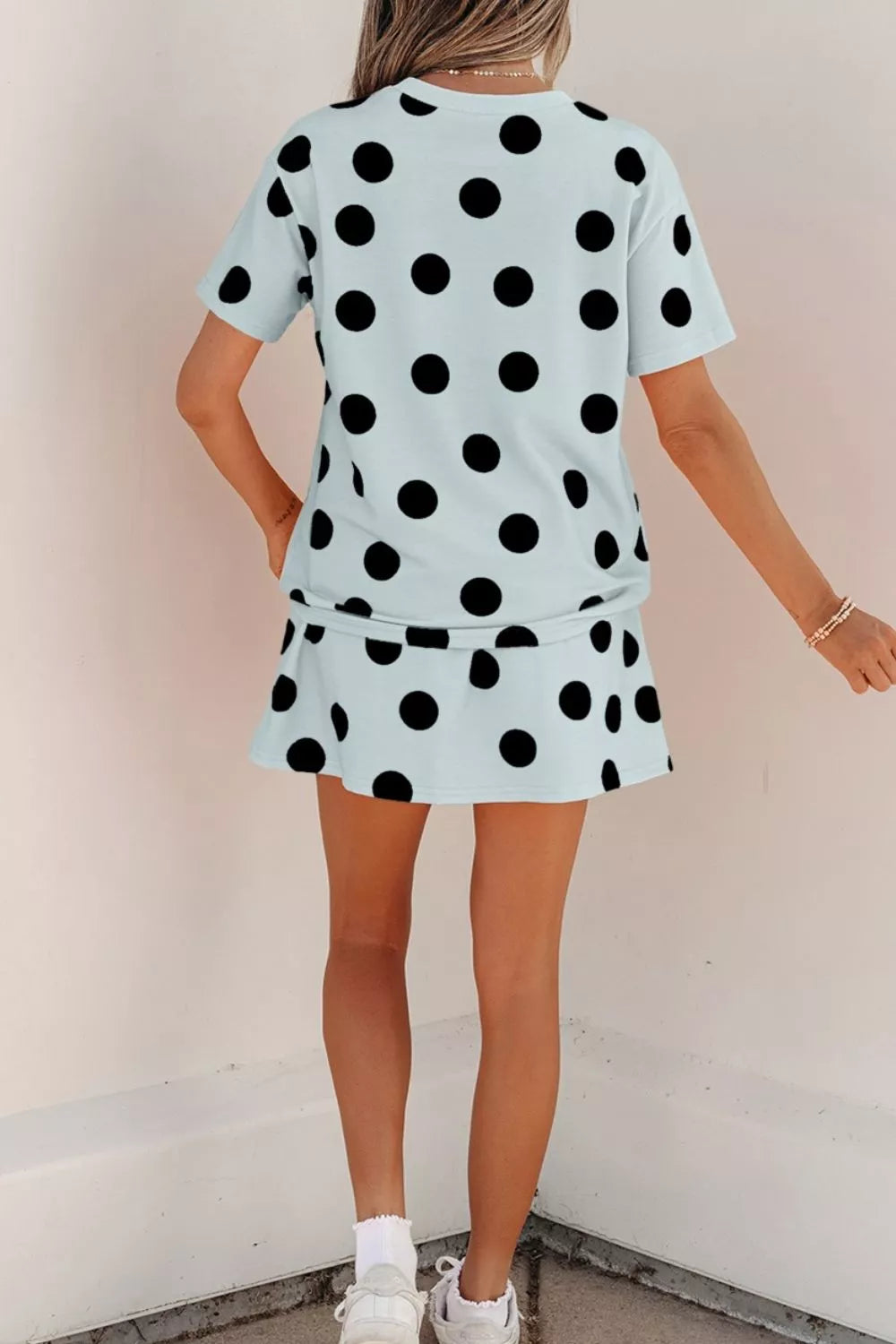 Polka dot top and skort two piece set side view