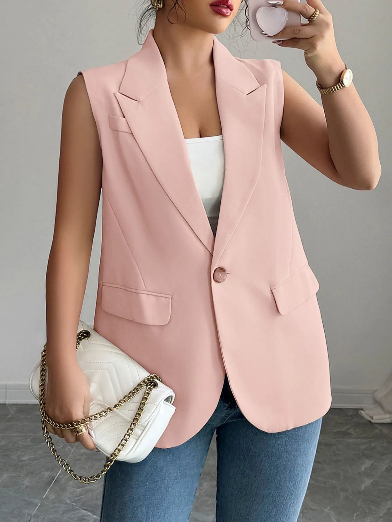 One Button Sleeveless Blazer - Fashorio