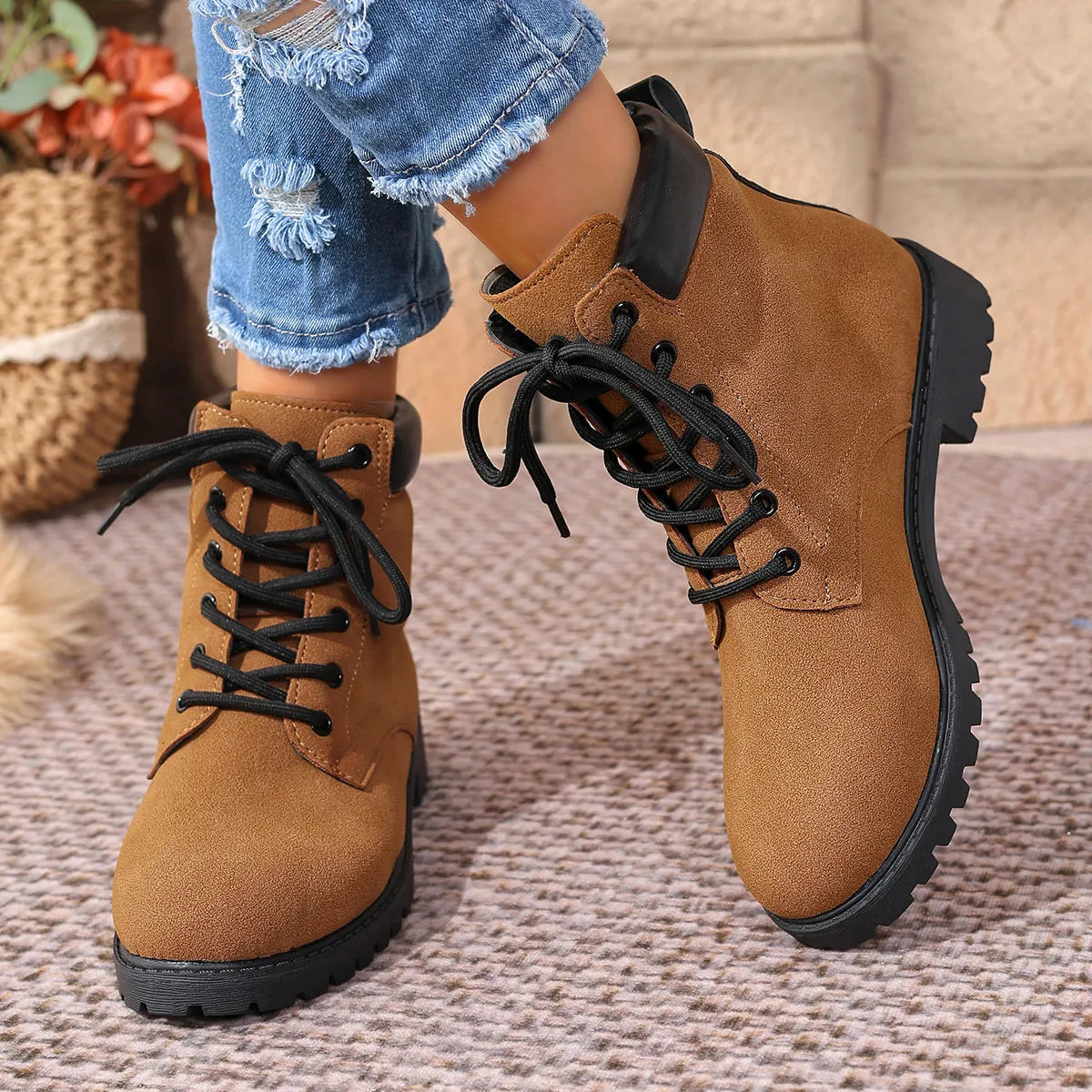 black lace up block heel boots shaft detail