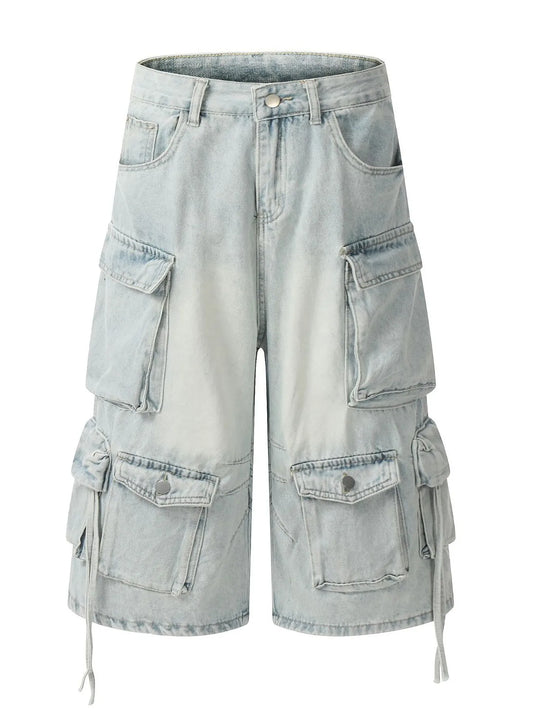 Men's Wide Leg Cargo Denim Shorts Blue - Fashorio